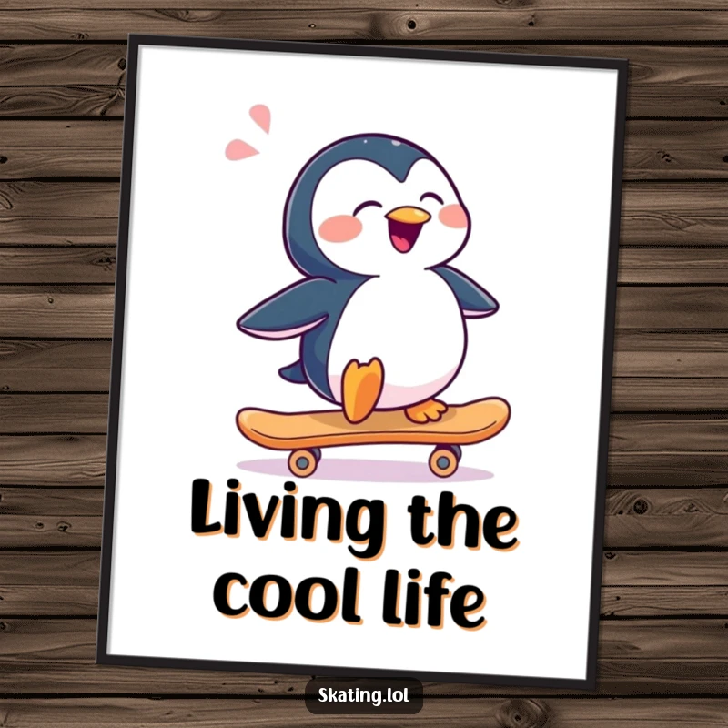 Funny, joyful penguin sliding sideways on a skateboard with a happy sigh, perfect for humorous and serene wall art.