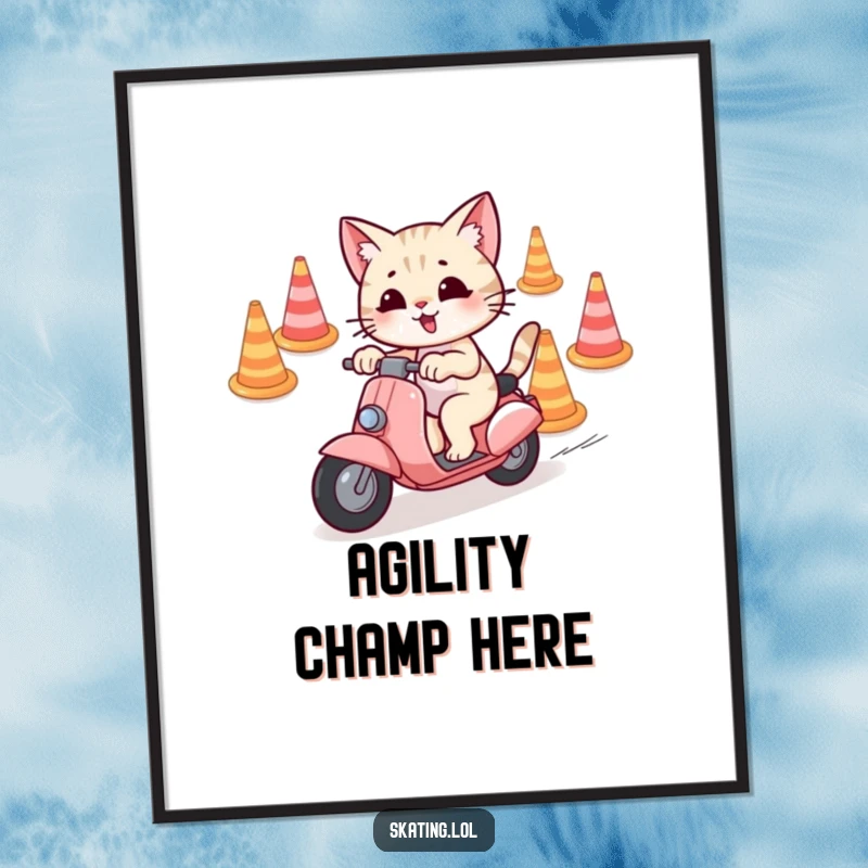 Funny Poster of a playful cat character skillfully weaving through traffic cones on a scooter, showcasing agility and fun.
