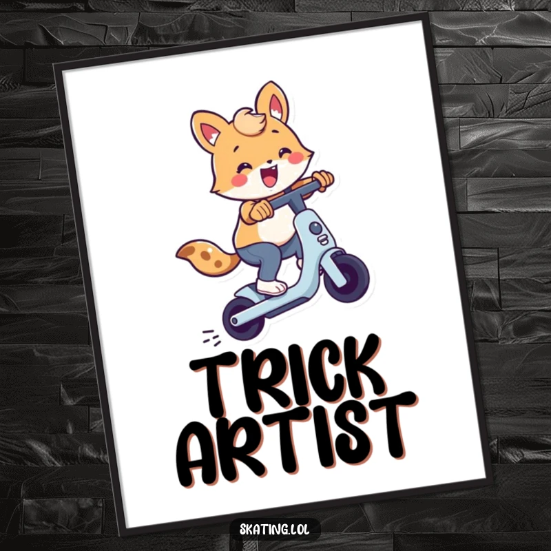 Cute animal character performing an exciting trick on a scooter, presented as vibrant wall art for comedic appeal.