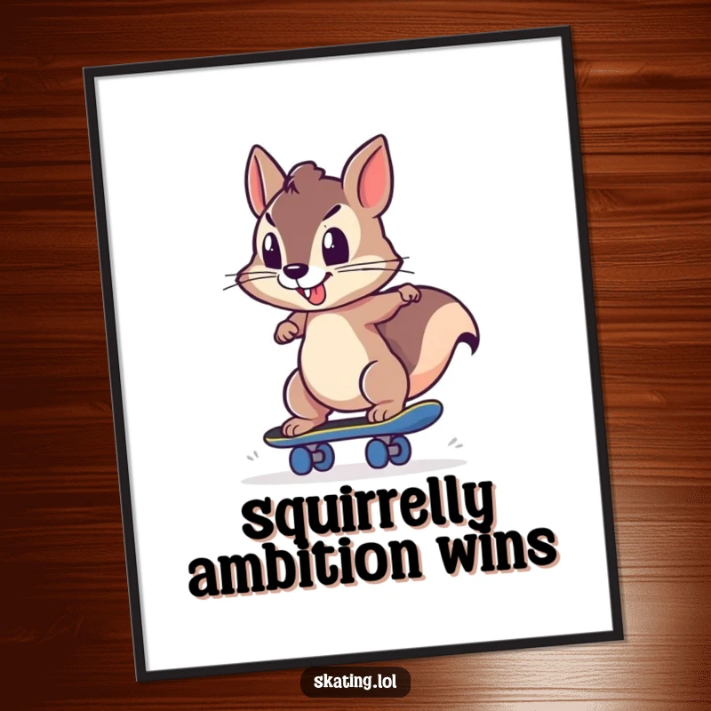 Funny, determined squirrel pushing off a skateboard with strong force, perfect for humorous and motivational wall art.