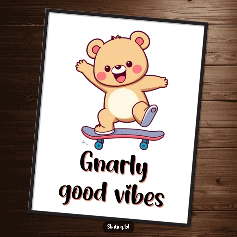 Funny Poster depicting a cheerful bear character mid-air, performing a high-flying skateboard jump trick with style.