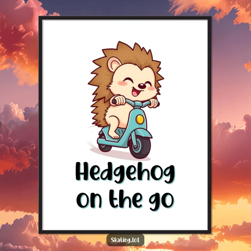 Funny hedgehog poster, a small hedgehog character zipping downhill on a scooter with a look of pure delight, bringing speed.