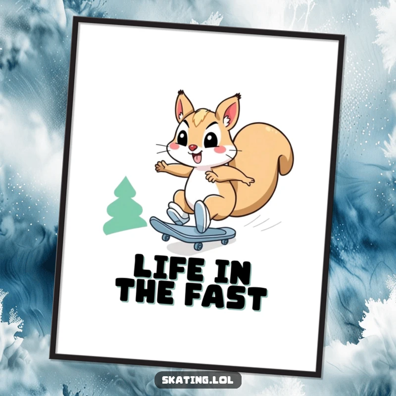 Funny squirrel poster: a happy squirrel character comically skates downhill at breakneck speed, a dynamic piece of art.