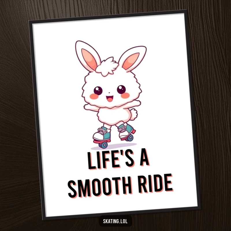 Funny bunny poster: a fluffy bunny character joyfully glides on roller skates with a wide, ecstatic smile, full of life.