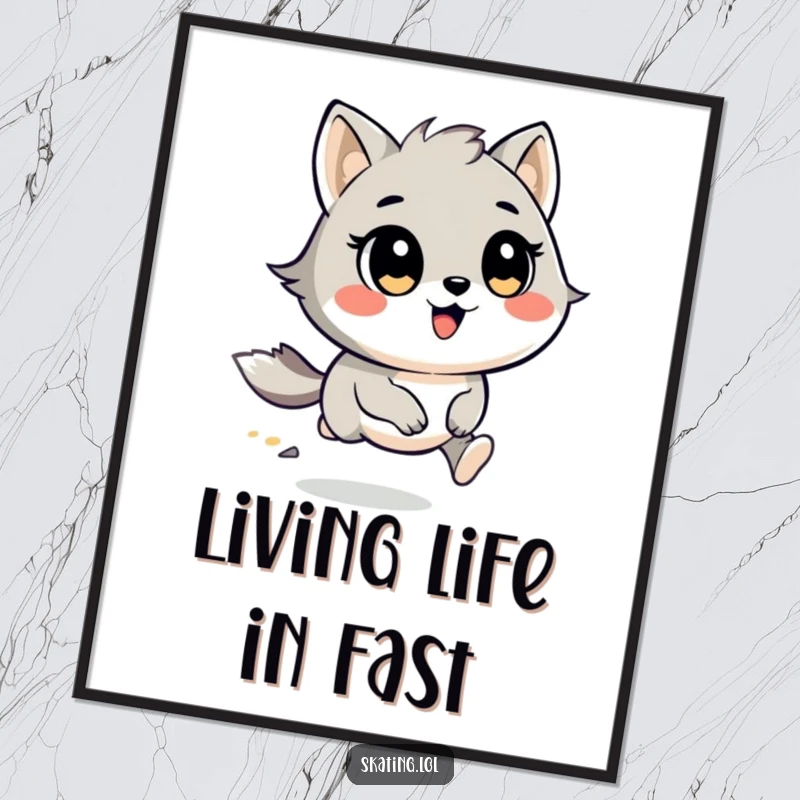 Funny Poster: A round animal character with wind-swept fur races with cheerful eyes, depicting motion and happiness.