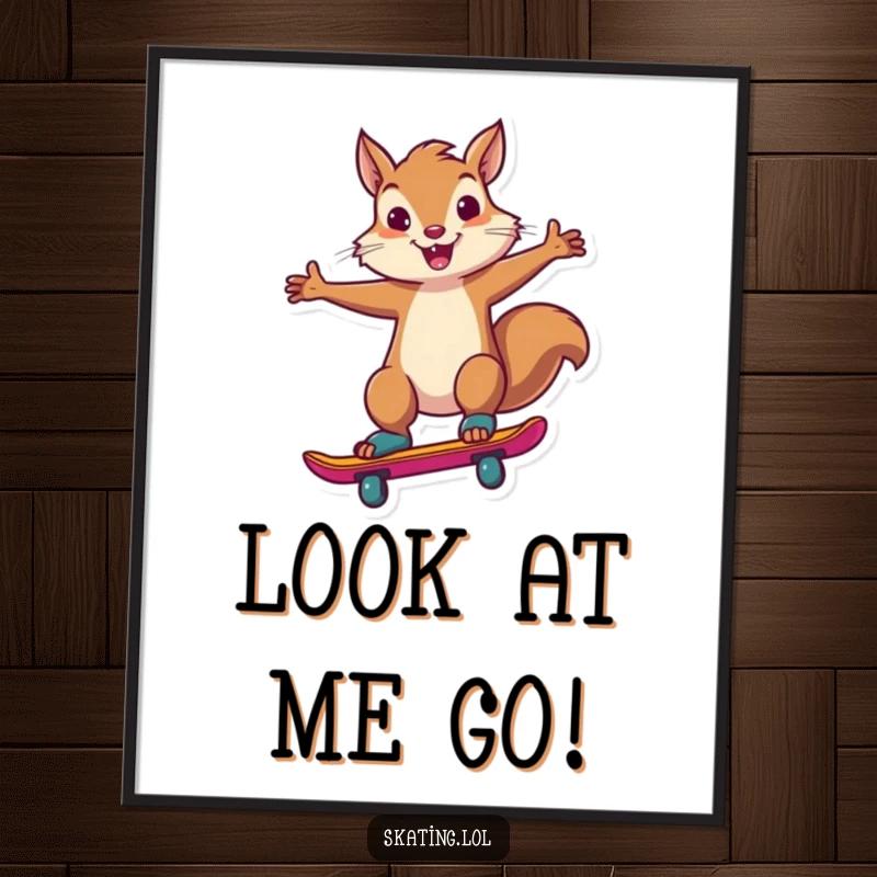 Funny squirrel performing a triumphant skate trick, captured dynamically on a poster for vibrant wall decor.