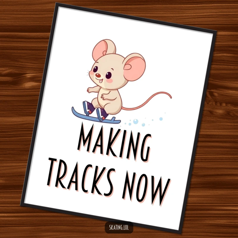 Funny Mouse Poster: A giggling mouse character zips speedily over ice on skates, creating a snowy trail.
