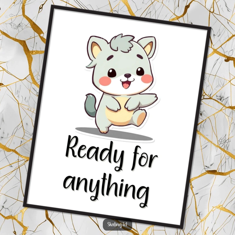 Funny poster print of a cute animal character with a massive happy grin, captured mid-push-off, radiating pure delight.