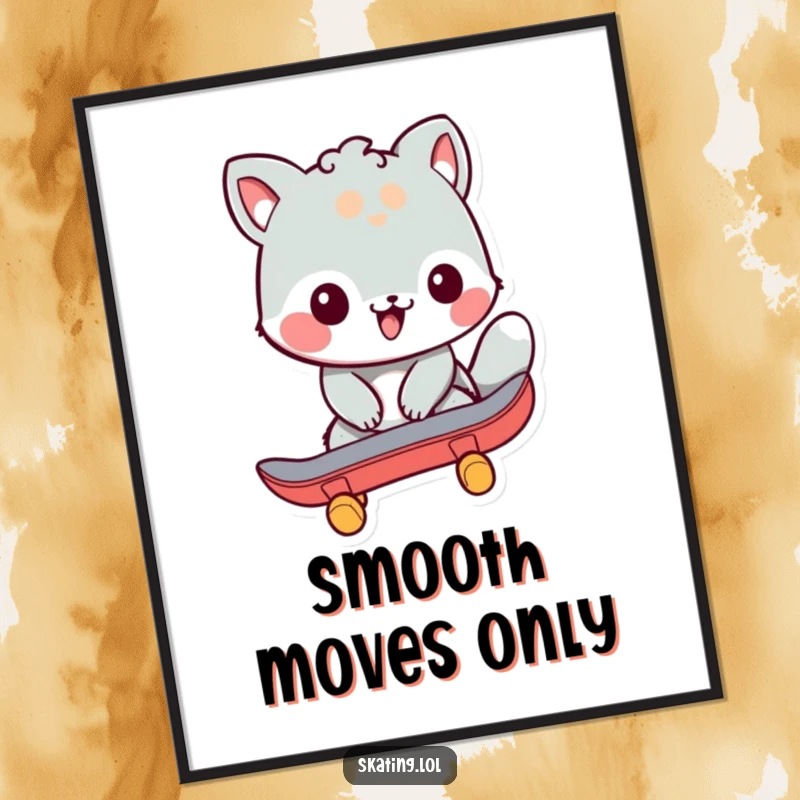 Funny poster featuring a friendly animal character powerfully pushing off with a skateboard, a humorous piece of art celebrating skating.
