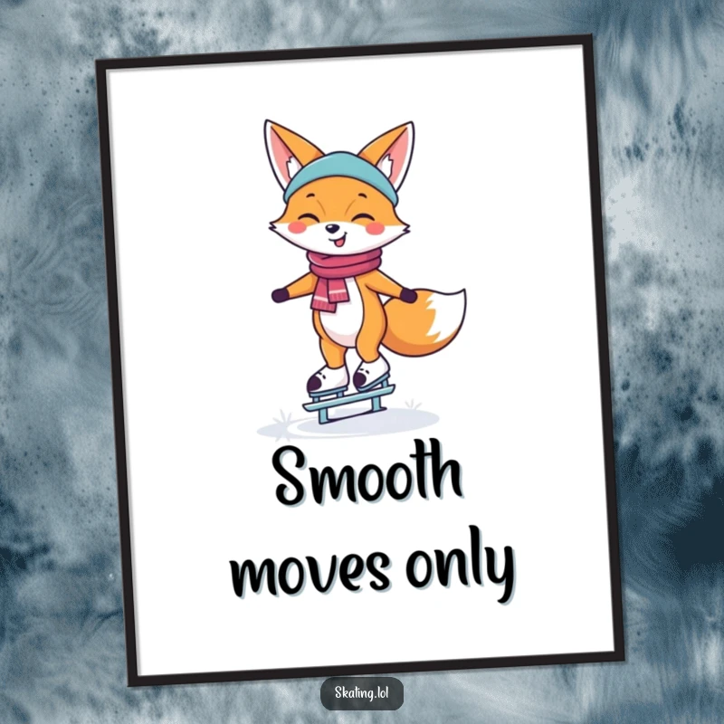 Funny Poster of a happy, smiling fox character gracefully balancing on ice skates, capturing the joy of winter.