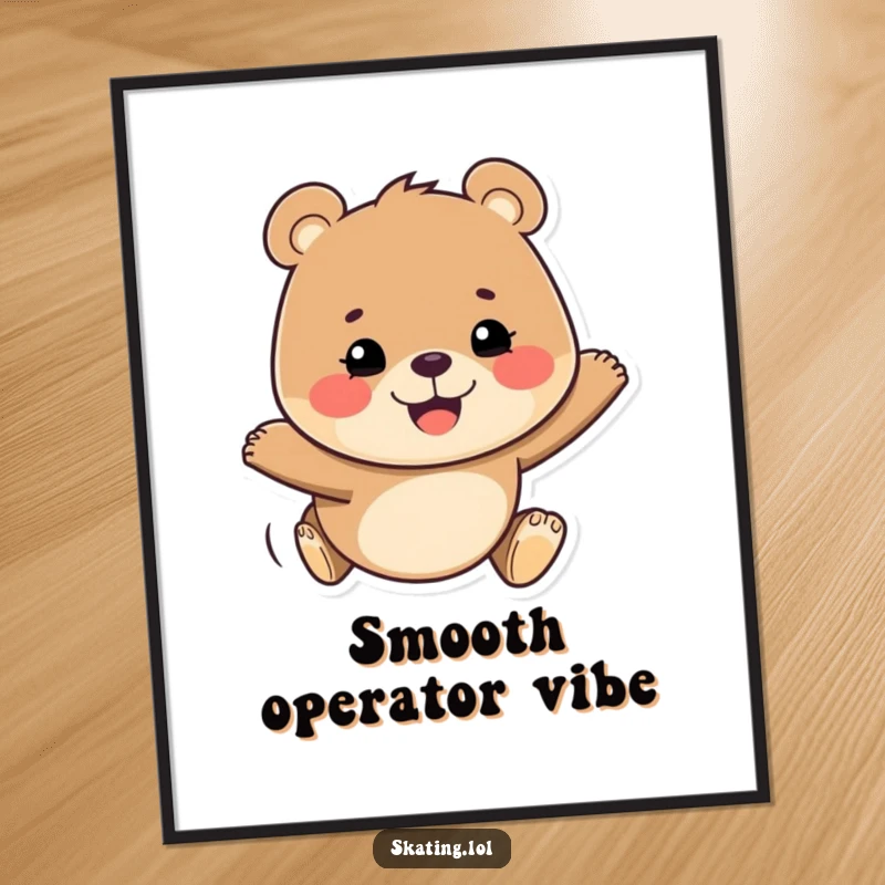 Funny poster of a happy bear with a determined grin, gliding smoothly, creating a cheerful and energetic wall art piece.