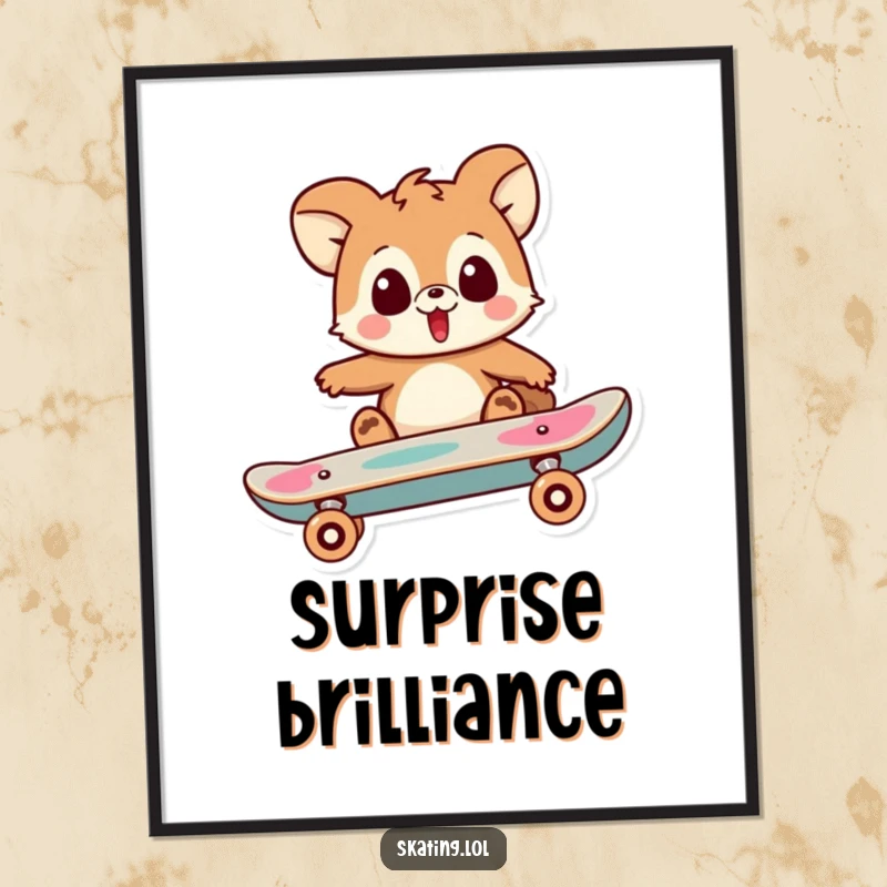 Funny poster capturing a playful animal character's surprised expression as their skateboard lands a trick, showcasing humorous disbelief.
