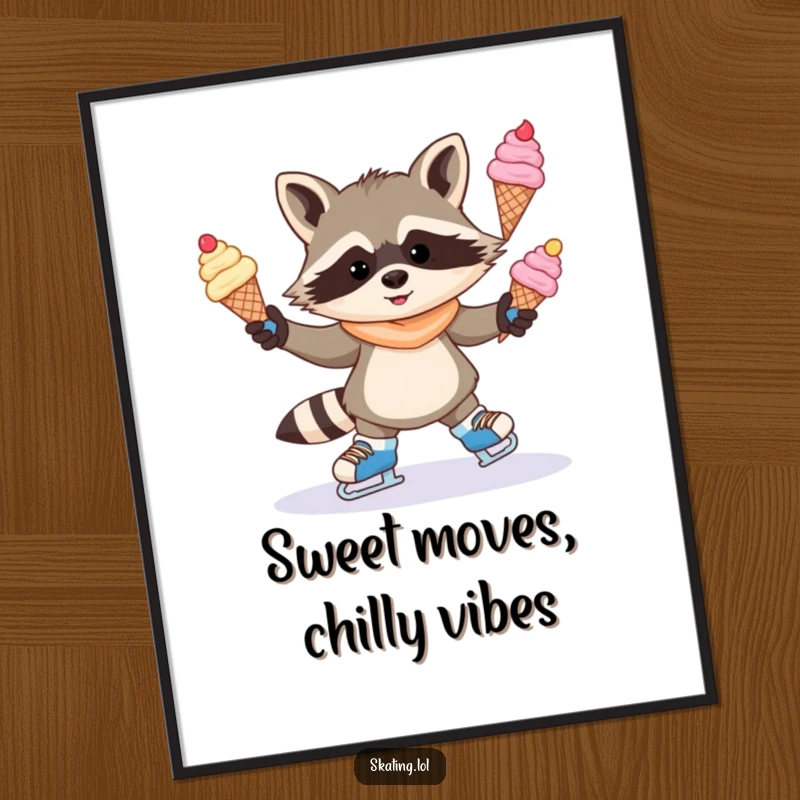 Funny poster featuring a mischievous raccoon juggling melting ice cream cones while ice skating, adding whimsical and humorous decor.