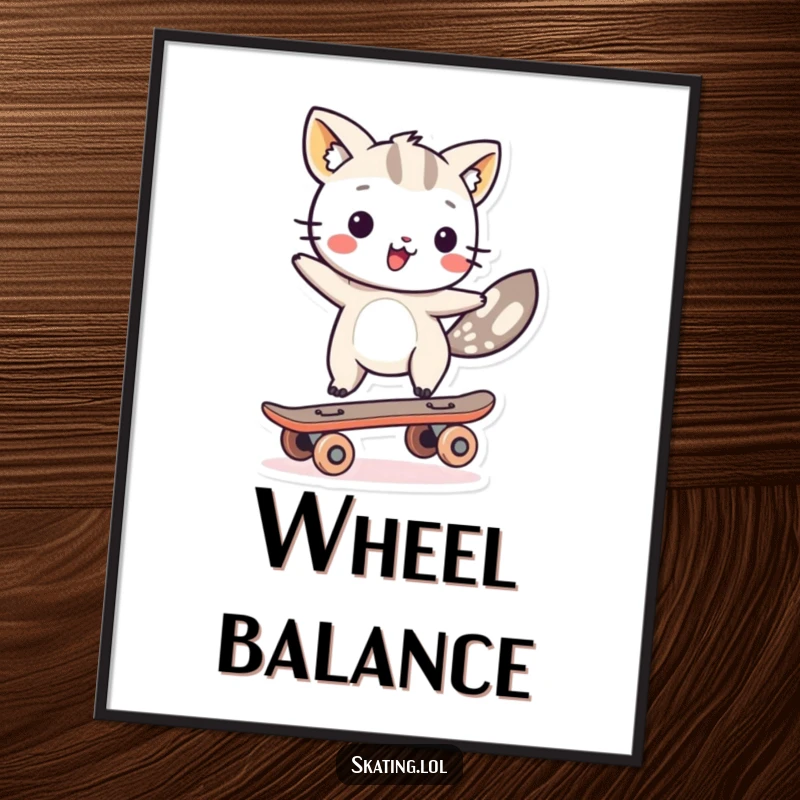 Funny animal character performing an impressive balance on a single skateboard wheel, presented as vibrant wall art for comedic appeal.