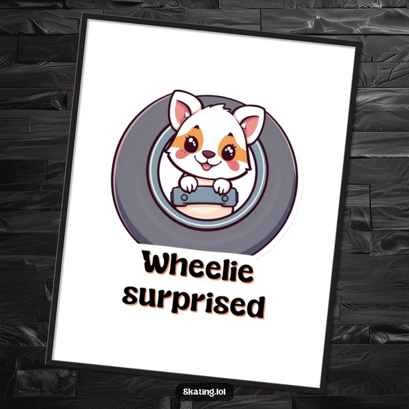 Funny poster print of a whimsical animal character curiously peeking from behind a large, prominent skateboard wheel, full of mischief.