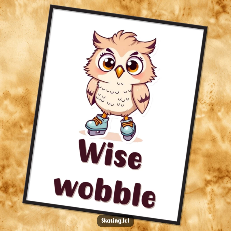 Funny surprised owl character wobbling on skates, wide eyes, ruffled feathers, vibrant funny gift art.