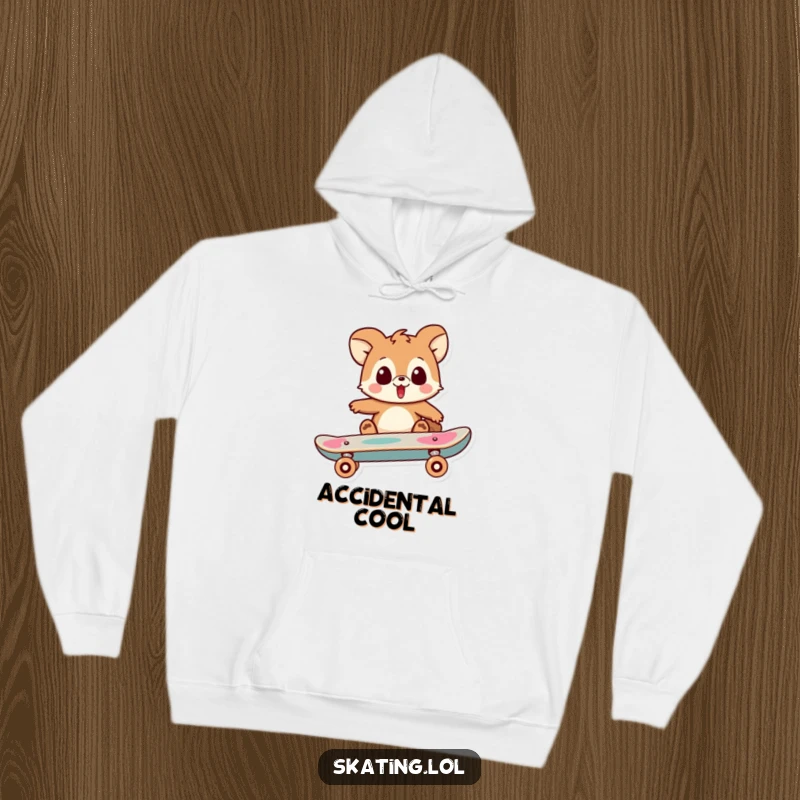 Funny hoodie depicting a playful animal character looking utterly surprised as their skateboard executes a trick, a humorous and warm design.