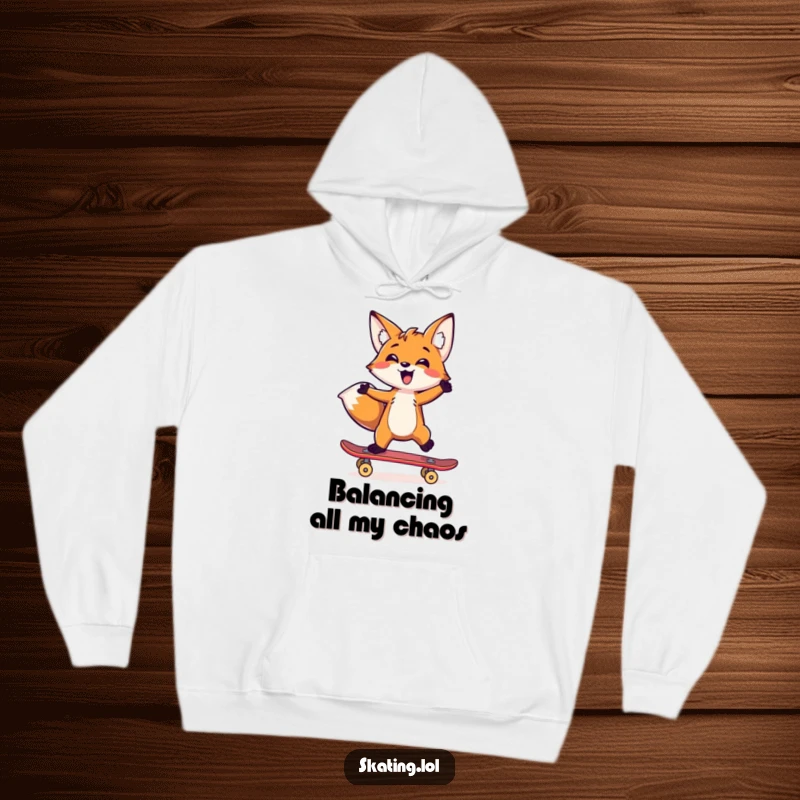 Funny fox wearing a hoodie, balancing on a skateboard with one paw, perfect for cozy and humorous wear.