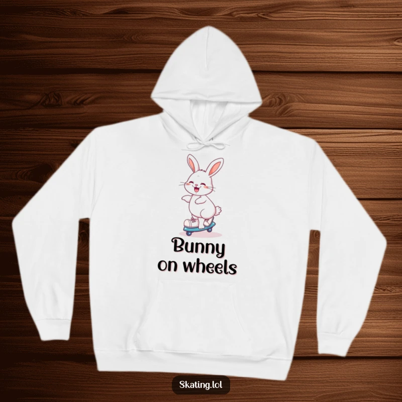 Funny giggling rabbit doing a playful spin on roller skates, hooded sweatshirt for skaters and happy people.