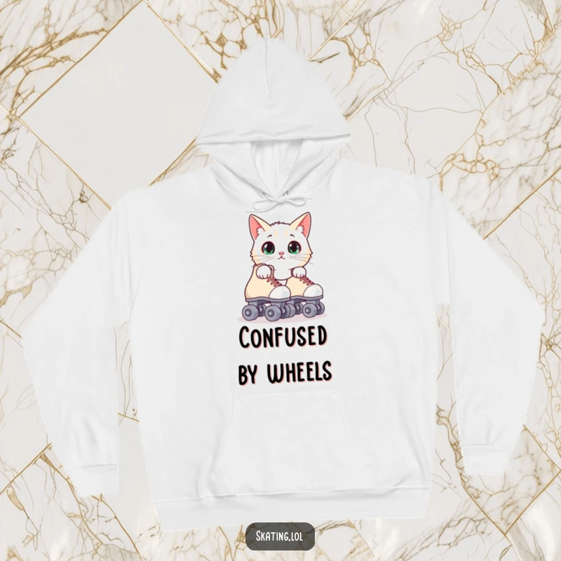Funny surprised cat hoodie with a feline peeking from behind roller skates, offering warmth and a humorous visual gag.