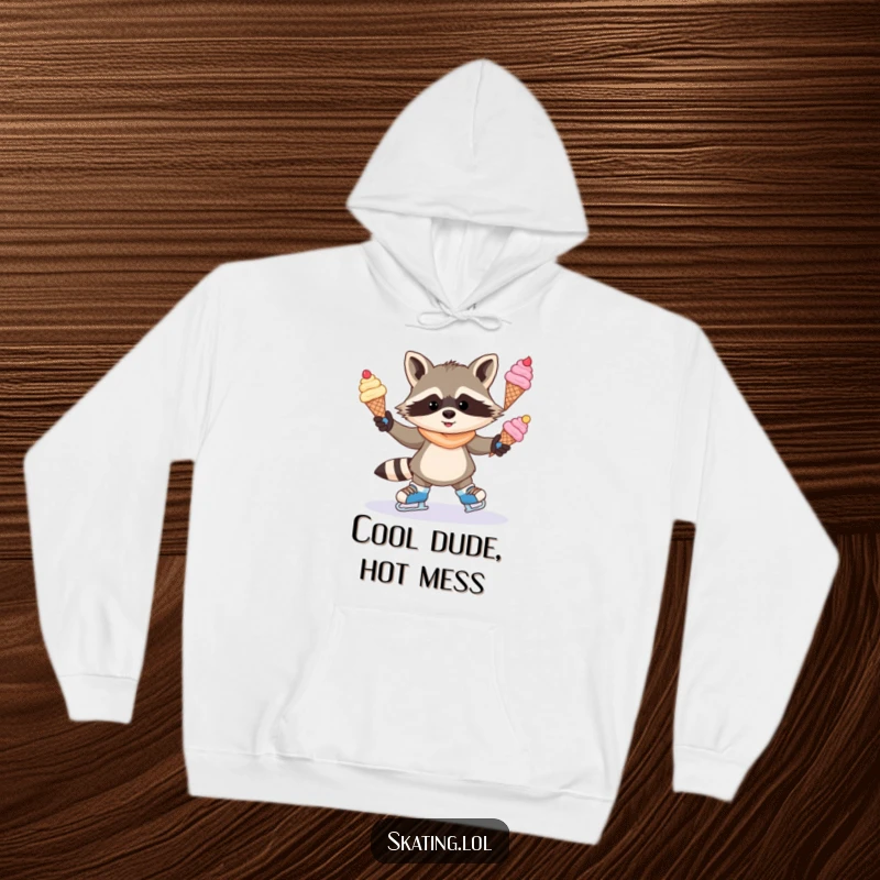 Funny hoodie depicting a mischievous raccoon juggling ice cream cones on ice skates, offering warmth and a dose of sweet humor.
