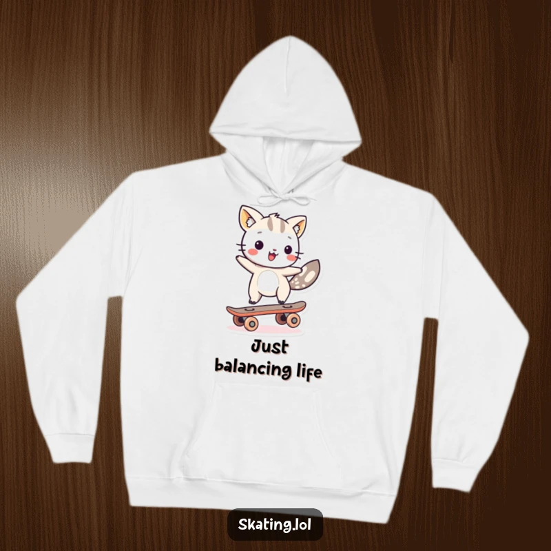 Funny animal character balancing on a single skateboard wheel, featured on a warm hoodie for cozy humor and style.