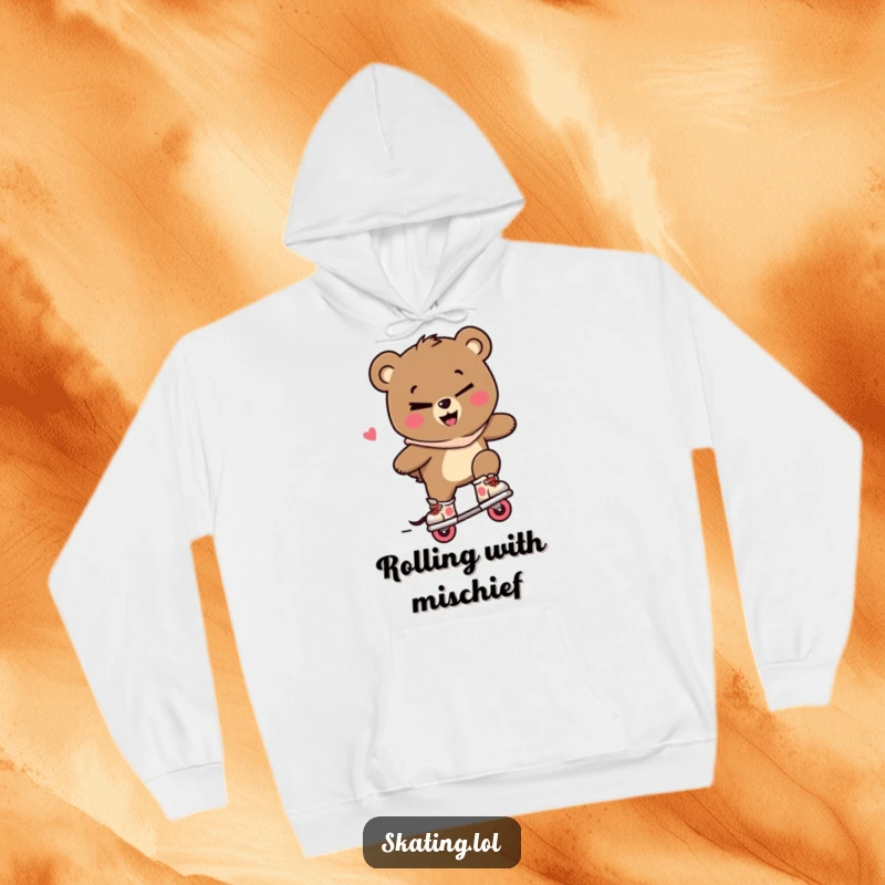 Funny bear hoodie, a cool bear character winking and performing a trick on inline skates with a mischievous smile.