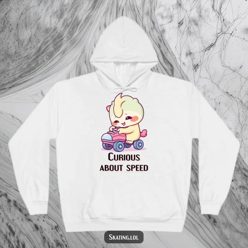 Funny hoodie featuring a creature character smiling while curiously inspecting roller skate wheels, perfect for cozy contemplation.