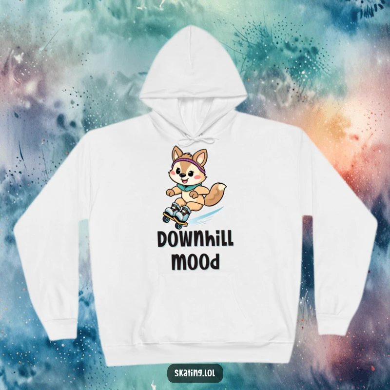 Funny animal character zooming downhill on rollerblades with a grin, featured on a warm hoodie for cozy humor and speed.