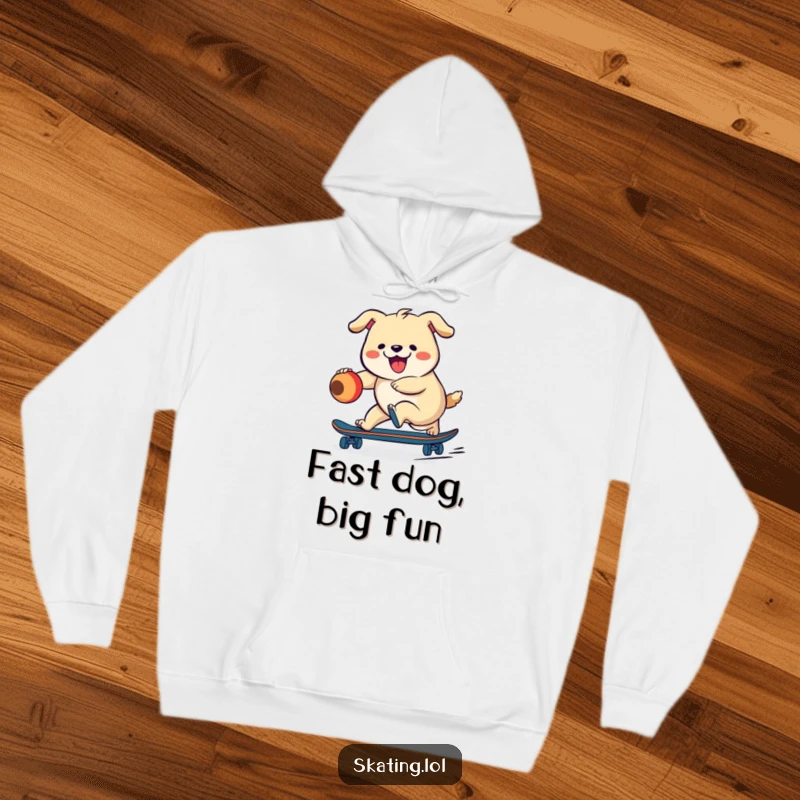 Funny, plump dog character energetically chasing a ball while riding a skateboard, designed for a warm and humorous hoodie.