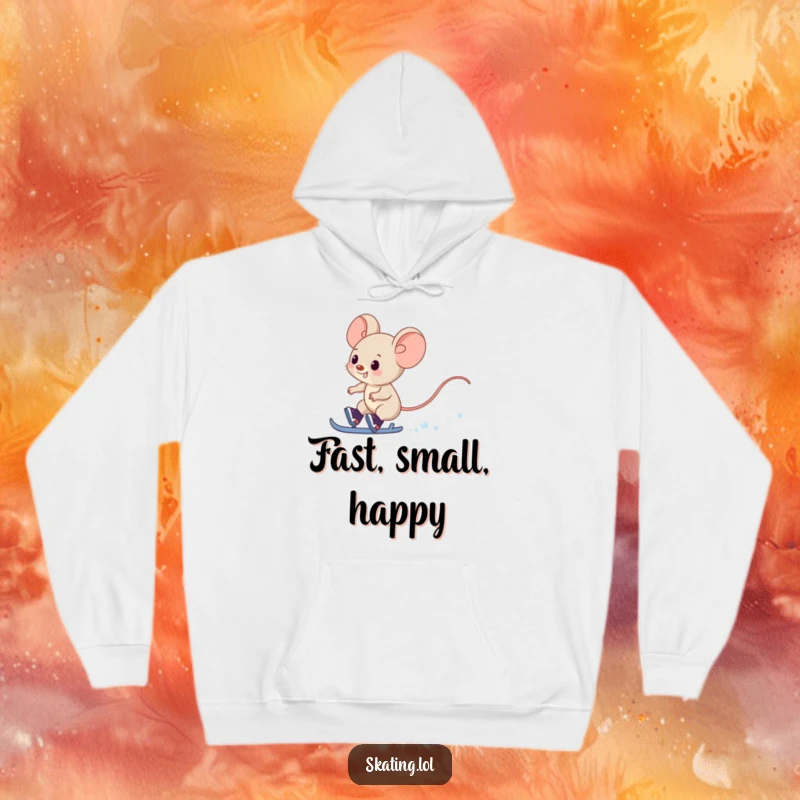 Funny Mouse Hoodie: A giggling mouse character skates rapidly, leaving a snowy trail behind.