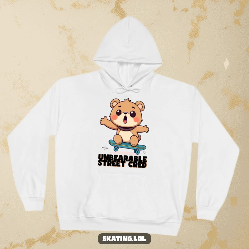 Funny Bear Skateboarder Hoodie: An excited bear in mid-skateboard trick, radiating pure joy and surprise.