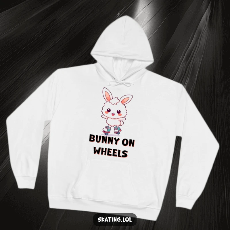 Funny bunny hoodie: a fluffy bunny character joyfully glides on roller skates with an enormous smile, radiating pure delight.