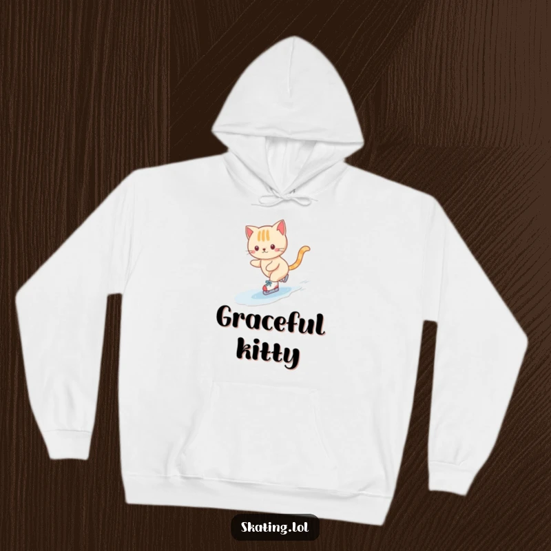 Funny hoodie featuring a cute cat character gracefully ice skating on tiny skates, performing a joyful swirl with endearing charm.