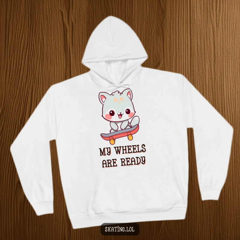 Funny hoodie with a friendly animal character executing a powerful push-off on a skateboard, combining warmth with skating humor.