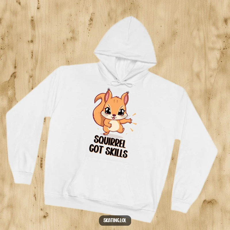 Funny determined squirrel with wide eyes, attempting a flashy trick, hooded sweatshirt for adventurers.