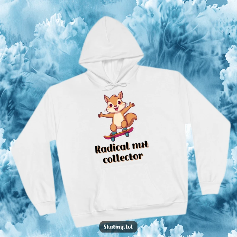 Funny squirrel character performing an impressive skate trick with triumphant flair, featured on a cozy hoodie.