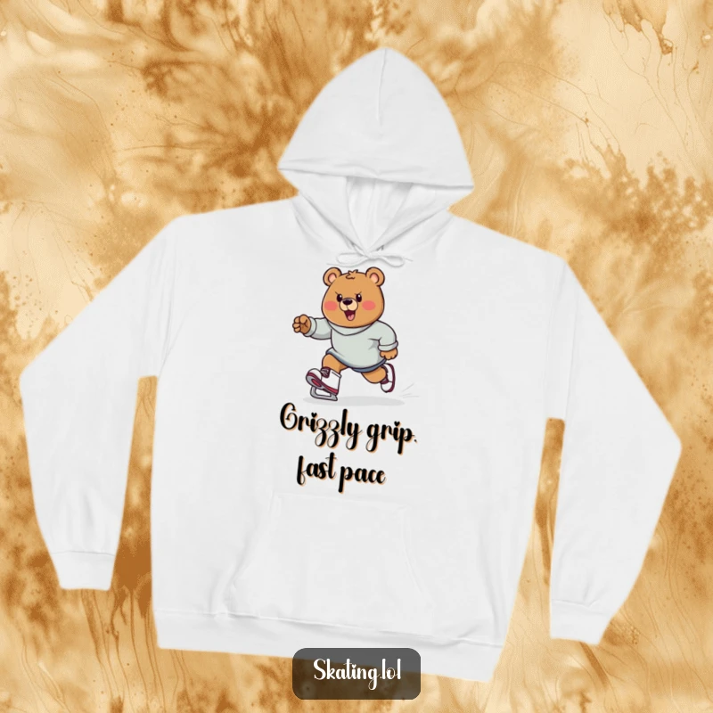 Funny bear character on skates, determined expression, pushing off, cozy and strong funny gift.