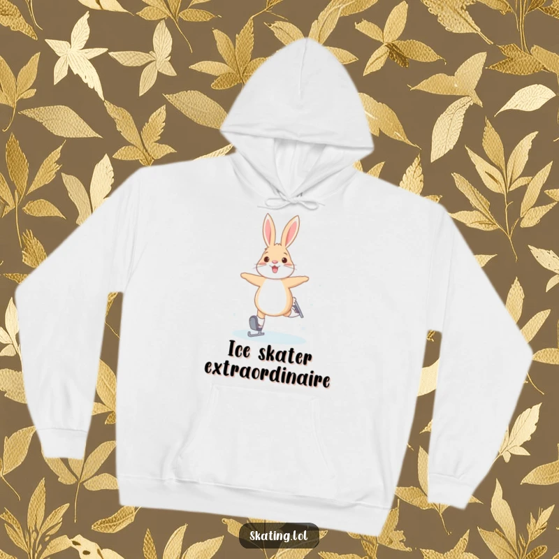 Funny hoodie depicting a joyful arctic hare attempting bunny hops on ice skates, offering warmth and winter whimsy.