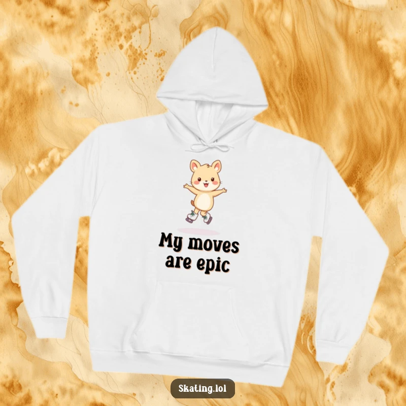 Funny hoodie depicting a small animal character's joyful but wobbly pirouette on skates, perfect for cozy humor.