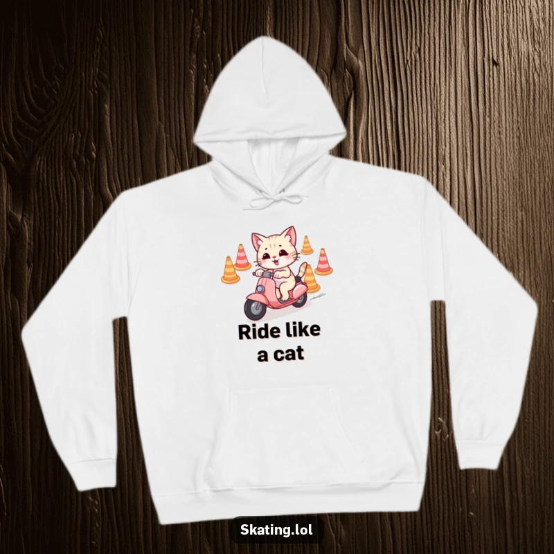 Funny Hoodie featuring a playful cat character expertly weaving through cones on a scooter, designed for comfort and style.