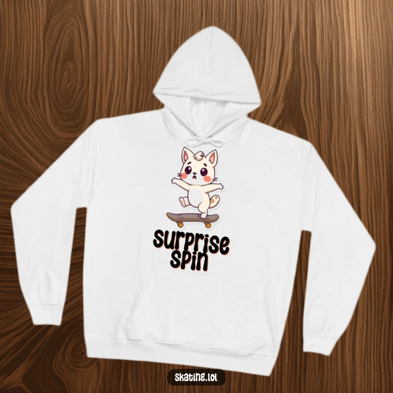 Funny Skateboard Spin Hoodie featuring a cute character doing a surprised spin on a skateboard, perfect for cozy days and playful vibes.