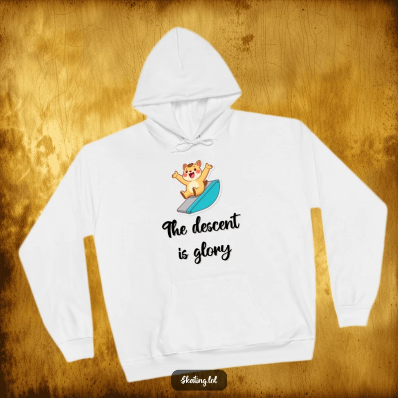 Funny hoodie featuring an enthusiastic animal character sliding triumphantly down a ramp, embodying fun and victory in a cozy design.