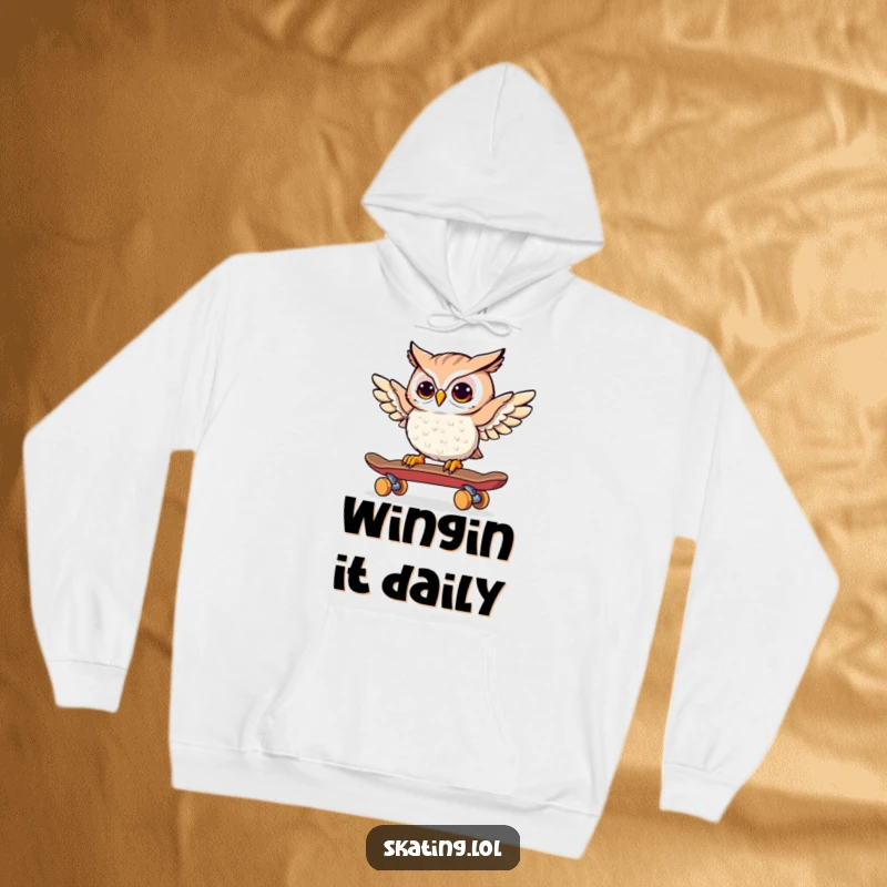Funny Owl Skateboarder Hoodie: A curious owl cautiously navigates a skateboard with its wings, looking wise.