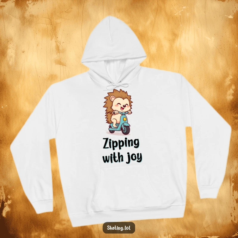 Funny hedgehog hoodie, a small hedgehog character zipping downhill on a scooter, radiating pure delight.