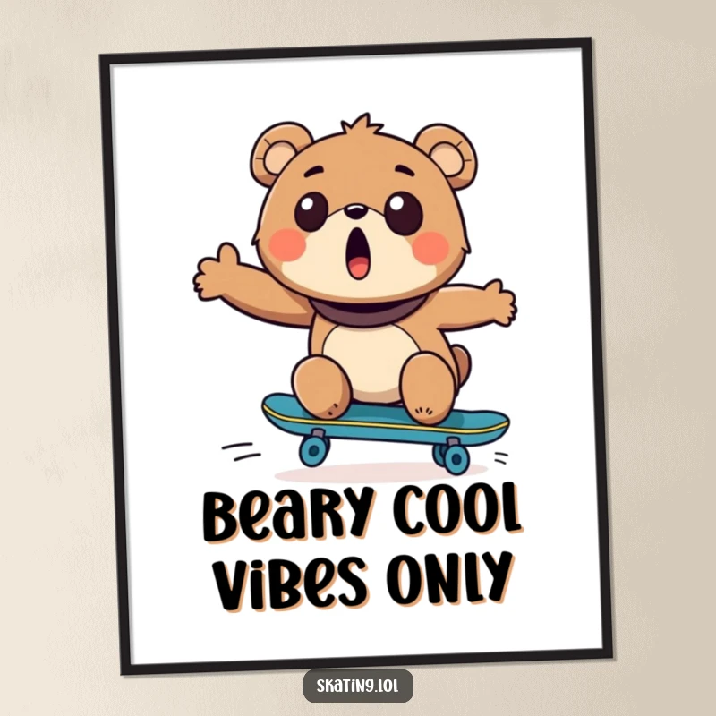 Funny Free Printable Wall Art: A delighted bear riding a skateboard with a wide-eyed surprised expression, perfect for whimsical decor.