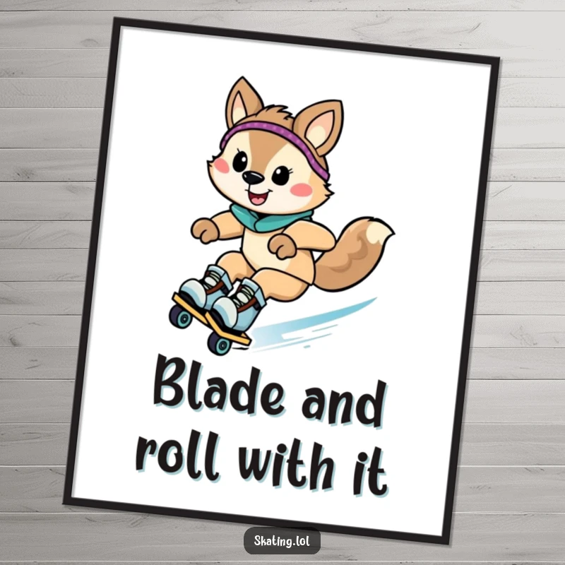Funny Free Printable Wall Art: Animal character energetically zooming downhill on rollerblades with a big grin.