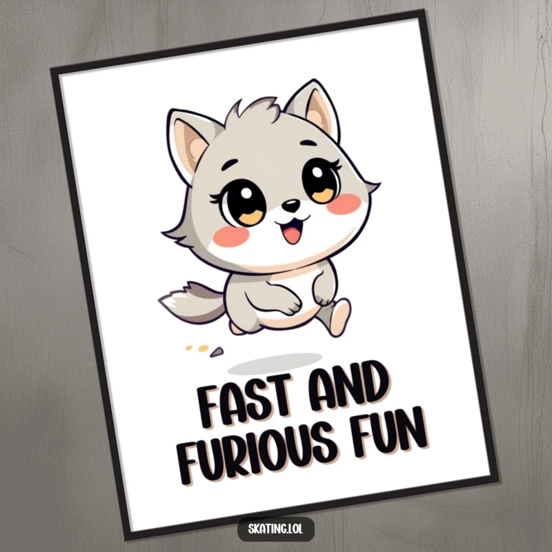 Funny free printable wall art: A round, cheerful animal character racing, wind blowing through its fur, conveying speed and happiness.