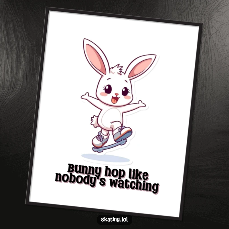 Funny Free Printable Wall Art: Bouncing bunny character attempting a graceful spin on ice skates, looking delighted.