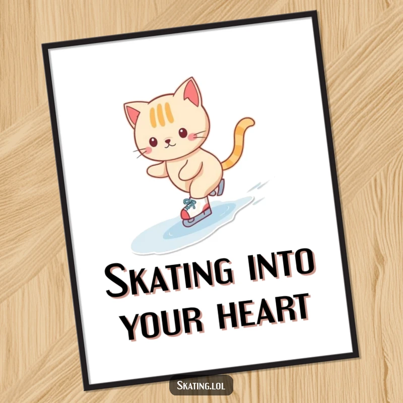 Funny Free Printable Wall Art: Cute cat character gliding on tiny skates across ice in a happy swirl.